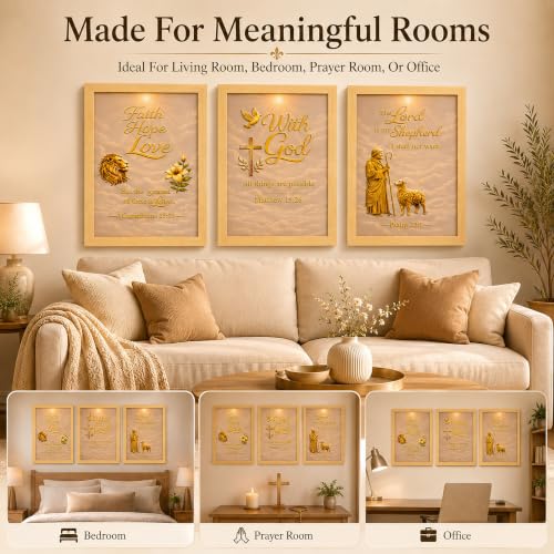 Framed Christian Wall Art Set of 3, 12x16 Bible Verse Wall Decor | Raised 3D Scripture With Gold-Tone Embossed Details, Psalm 23 Faith Hope Love Religious Wall Art For Living Room Prayer Room