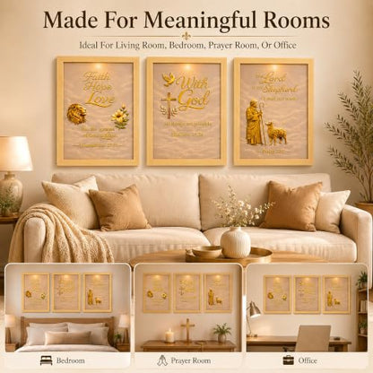 Framed Christian Wall Art Set of 3, 12x16 Bible Verse Wall Decor | Raised 3D Scripture With Gold-Tone Embossed Details, Psalm 23 Faith Hope Love Religious Wall Art For Living Room Prayer Room