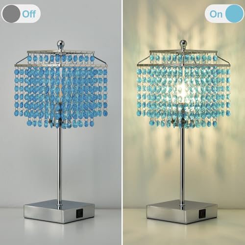 Luvkczc Crystal Table Lamp with Touch Control, Bedside Crystal Table Lamp with USB C+A Ports, Dimmable Lamp for Girls Bedroom, Living Room, Light Blue & B11 LED Bulb Included - color: Light Blue