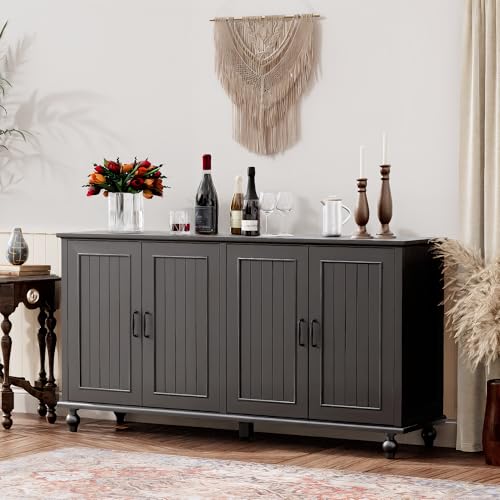 Sideboard Buffet Cabinet with 4 Doors, Vintage Coffee Bar Station, Black | Farmhouse Storage Cabinet for Dining Room and Kitchen, 62'' Large TV Stand with Adjustable Shelf, Heavy Duty, Painted Finish - color: Black, size: 4 Doors