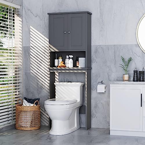 Over the Toilet Storage Cabinet, Bathroom Storage Cabinet Over Toilet with 2 Wood Doors, Freestanding Space Saver, Adjustable Shelf & Open Shelf, Grey - color: Grey, style: Wood Doors