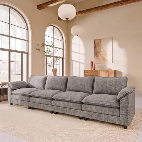 JUMMICO 159" Sectional Couch, Modular Cloud Sofa, Light Grey | Comfy Chenille, 4 Deep Seats, High-Density Foam, Double Layer Cushions, Oversized Linear Sofa for Living Room and Apartment - color: Light Grey, size: Linear Sofa