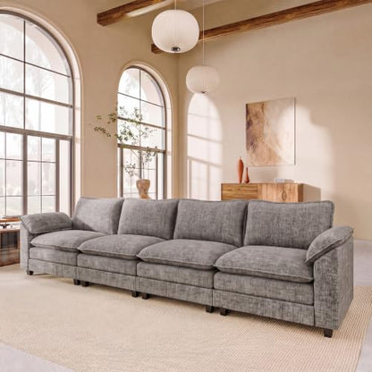 JUMMICO 159" Sectional Couch, Modular Cloud Sofa, Light Grey | Comfy Chenille, 4 Deep Seats, High-Density Foam, Double Layer Cushions, Oversized Linear Sofa for Living Room and Apartment - color: Light Grey, size: Linear Sofa