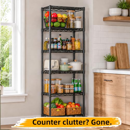 Lab Cosi 6 Tier Narrow Shelf 15.85" W Black Wire Rack, Adjustable Metal Storage Organizer for Pantry Kitchen Closet, Freestanding Shelf Unit - size: 15.85"W x 63"H x 11.8"D
