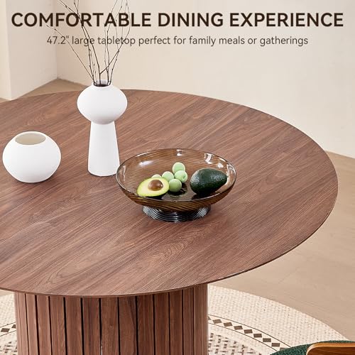 47" Round Dining Table for 4, Farmhouse Kitchen Table [Chamfered Edge Tabletop] Circle Pedestal Dinner Table, φ47.2"x29.5"H, Brown - color: Basic Brown 47