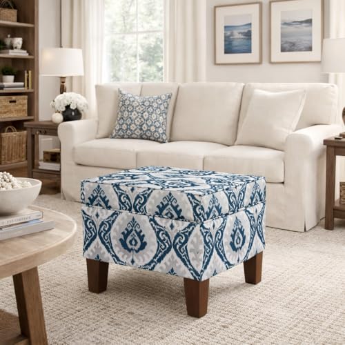 HomePop 22" Modern Rectangular Storage Ottoman - Blue Ikat Medallion Print - color: Blue Ikat Medallion Print