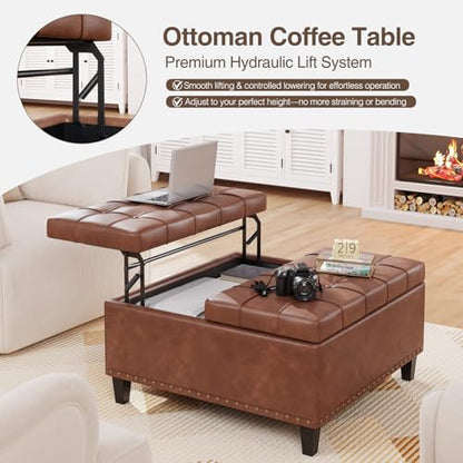 FiveWillowise 31.5 Inch Large Square Ottoman with Storage,Faux Leather | Coffee Table Storage Ottoman Bench with Lift Top Upholstered Footrest Stool Toy Box for Bedroom Living Room,Brown - color: Brown