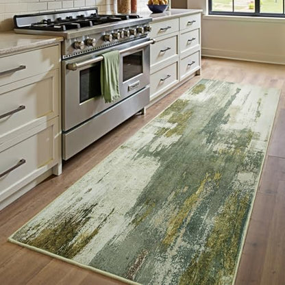 Kelarea Washable Runner Rug 2x6, Non-Slip Low Pile Abstract Green | Water & Stain Resistant, Pet Friendly, Easy Clean, Ultra Soft, for Entrance, Kitchen, Bedroom, Hallways - color: Green, size: 2' x 6' (Rectangular)