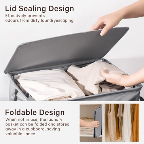 Laundry Hamper with Lid and Foot Pedal, 100L Fabric Laundry Basket with Removable Mesh Bag, Slim Foldable Design for Bathroom and Laundry Room (Gery)