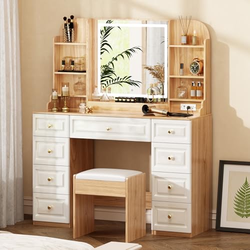 Arulvmrn 43" Makeup Vanity Desk with Mirror and Lights, & Power Outl, Glass Top Big Vanity Table with 9 Drawers& 8 Storage Shelves, Dressing Table Set with Chair for Bedroom, Oak - color: Oak