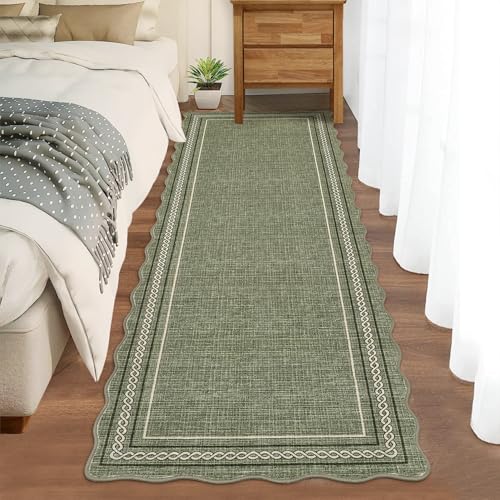 GarveeHome Washable Runner Rugs 2x8 Entryay Rug Scalloped Non Slip, Green | Bathroom Rugs Non Slip Kitchen Runner Low Pile Hallway Rug Stain Resistant Carpet for Entry Laundry Room - color: Green, size: 2' x 8' (Runner)