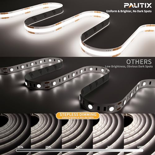 PAUTIX 5V USB COB LED Strip Light 6.56ft/2m 1200lm, Dimmable 640LEDs 6000K Daylight White CRI90+ with RF Remote TV Backlight,Flexible Under Cabinet Tape Light for Bedroom,Kitchen,Home DIY Lighting - color: 6000K