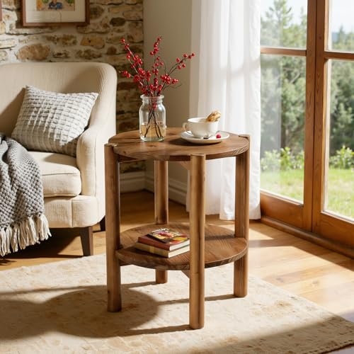 Solid Wood Round Side Table, 2-Tier Small End Table with Storage Shelf, Farmhouse Rustic Nightstand for Living Room, Bedroom, Small Spaces, Easy Assembly (1 PC, Natural Brown)
