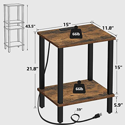 TUTOTAK End Table with Charging Station, Side Table Set of 2, Nightstand | 2-Tier Storage Shelf, Bedside Table with USB Ports, Sofa Table for Small Space Livingroom Bedroom Brown and Black TB01BB041 - color: Brown