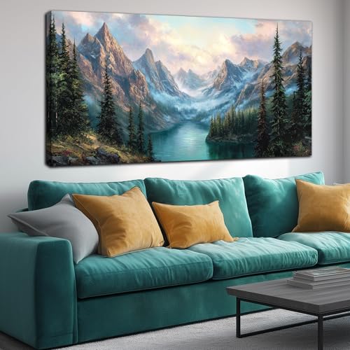 MXUNYZ Mountain Green Tree Lake Nature Landscape Prints Wall Art | 58x29 Inch Large Wall Art for Living Room, Art Work for Bedroom Walls,Hallway,Hotel,Home Office Wall Decor,Ready to Hang - color: Blue Green, size: 58"L x 29"W