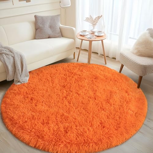 4ft Round Fluffy Rug for Bedroom Orange, Washable Non-Slip | Soft Shag Orange Circle Rug for Kids Room Dorm Living Room Home Decor, Thick Memory Sponge, Flame Resistant - color: Orange, size: 4' (Round)