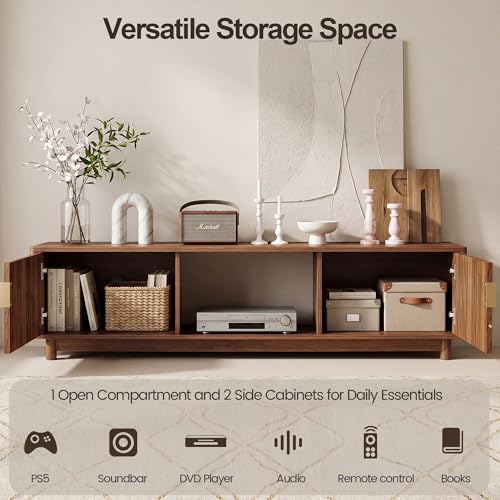 FurSch 62.2" Mid-Century Modern Fluted TV Stand, Walnut | Low Profile, 3D Slatted & Waved Design Panel, For Living Room Bedroom - color: Walnut