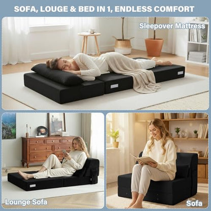 Convertible Folding Sofa Bed Mattress with Pillow & Side Pocket, Plush Fabric Floor Mattress Couch Bed, Washable Cover, Twin Size, Black - color: Plush Black, size: Twin Size