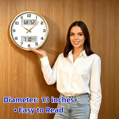 13" Gold Battery Powered Silent Wall Clock | Calendar, Temperature, Humidity, J-3728 - color: Gold