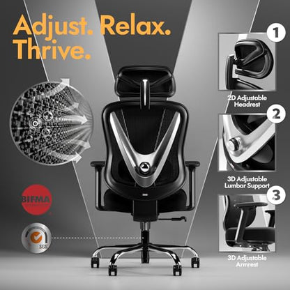 Ergonomic Mesh Office Chair - 3D Adjustable Lumbar Support & 3D Armrests, V-Shaped Back, Adjustable Desk Chair for Office & Home, Black - color: Black