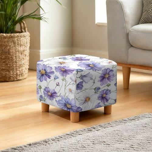 Purple Daisy Print Ottoman Cover Stretch Ottoman Slipcover Square, Polyester and Spandex Fabric for Square Ottomans, Storage Stool, Universal Footstool Protector - color: Purple Daisy