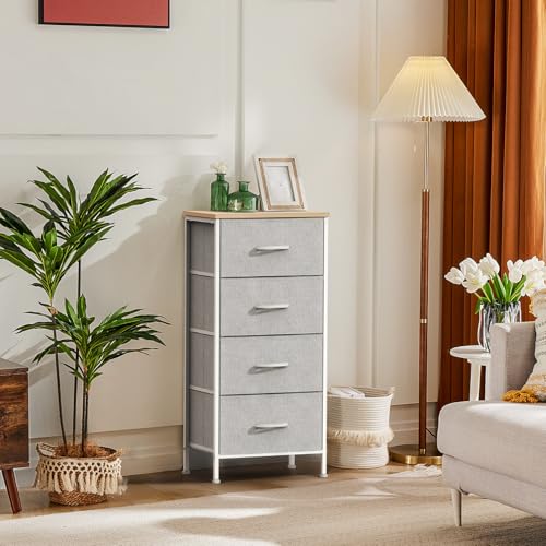 DUMOS Nightstand, Bedside Table with 4 Fabric Drawers | Night Stand with Removable Bins, Steel Frame Wood Top, Small Dresser Organizer Furniture for Bedroom Closet, Light Gray - color: Light Gray, size: 11.8"D x 17.7"W x 37.4"H (4 Drawers)
