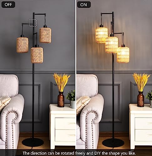 QIYIZM Floor Lamp for Living Room,Bedroom,3-Lights Boho Rattan Tree Floor Lights,Industrial Black Farmhouse Standing Lamp Wicker Rustic Tall Lamp,Woven Bamboo LampShade Floor Lamps Bohemian - size: 20-Floor Lamp