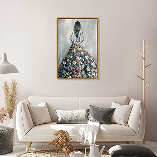 Oliver Gal Girl with Flower Thoughts Canvas Print Wall Art for Living Room, Bedroom, and Bathroom, 20" x 30", Gold Floater Frame - color: Gold Floater Frame, size: 30"L x 20"W