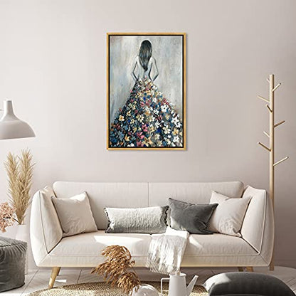 Oliver Gal Girl with Flower Thoughts Canvas Print Wall Art for Living Room, Bedroom, and Bathroom, 20" x 30", Gold Floater Frame - color: Gold Floater Frame, size: 30"L x 20"W