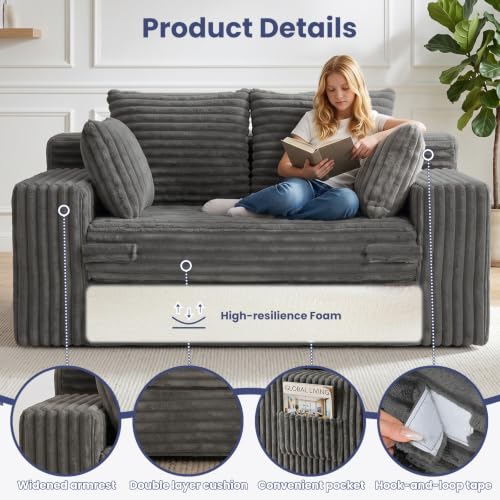 3-in-1 Convertible Sofa Bed: Boneless Loveseat Sleeper & Folding Couch Bed with 4 Pillows & Detachable Cushion, Furry Futon Couch for Bedroom, Apartment, Office and Living Room, No Assembly, Grey - color: D-grey, size: Loveseat Sofa