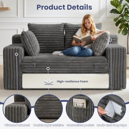 3-in-1 Convertible Sofa Bed: Boneless Loveseat Sleeper & Folding Couch Bed with 4 Pillows & Detachable Cushion, Furry Futon Couch for Bedroom, Apartment, Office and Living Room, No Assembly, Grey - color: D-grey, size: Loveseat Sofa