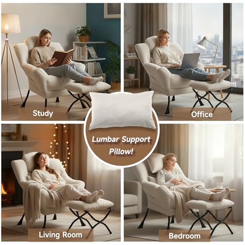 Lazy Chair with Ottoman, Reading Chair with Lumbar Pillow，Beige | Comfy Accent Lounge Chair with Pillow & folding Foot Stool, sturdy metal frame for bedroom, dorm or apartment, Living Room - color: Beige