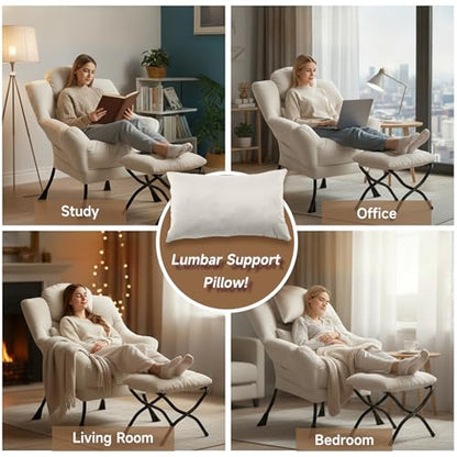 Lazy Chair with Ottoman, Reading Chair with Lumbar Pillow，Beige | Comfy Accent Lounge Chair with Pillow & folding Foot Stool, sturdy metal frame for bedroom, dorm or apartment, Living Room - color: Beige