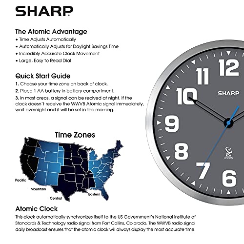 Sharp 12-Inch Atomic Wall Clock, Battery Powered, Grey Face Silver Frame | Self-setting atomic time; Easy-read analog face; Automatic time adjustment; Simple setup; Versatile home or office style - color: Silver / Grey, size: Large