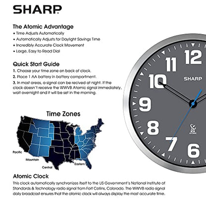 Sharp 12-Inch Atomic Wall Clock, Battery Powered, Grey Face Silver Frame | Self-setting atomic time; Easy-read analog face; Automatic time adjustment; Simple setup; Versatile home or office style - color: Silver / Grey, size: Large