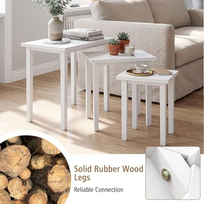 Giantex Nesting Tables Set of 3, Farmhouse Stacking Side Table with Rubber Legs, Wooden Rectangle Accent End Table, Nesting Coffee Tables for Living Room Bedroom (White) - color: White