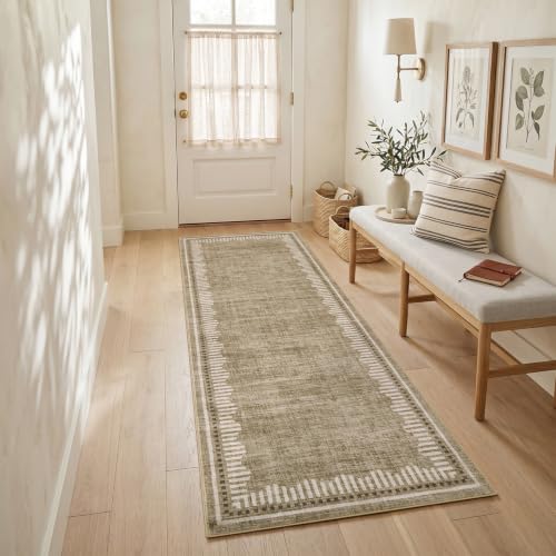 Garvee 2x8 Runner Rug Hallway Kitchen Washable Neutral Solid Taupe Runners | Low Pile Stain Resistant Modern Geometric Living Room Bedroom Long Runner Throw Carpet Scalloped Nuesery Entry Area Rugs - color: Taupe, size: 2' x 8' (Runner)