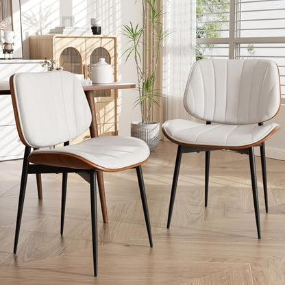 Dining Chair, Mid Century Modern Dining Room Chairs, Upholstered Faux Leather Kitchen Chairs with Walnut Bentwood Back and Metal Legs for Kitchen Dining Room Living Room, White - color: White, size: Set of 1