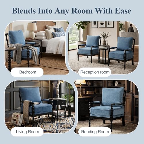 DUHOME Linen Fabric Spindle Accent Chair with Wood Frame,Modern Accent Spool Chairs with Padded Spring Seat and Brushed Blue Base for Living Room Bedroom Farmhouse Home Office Belcony - color: Black+blue, size: 1 pc