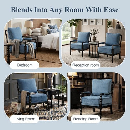 DUHOME Linen Fabric Spindle Accent Chair with Wood Frame,Modern Accent Spool Chairs with Padded Spring Seat and Brushed Blue Base for Living Room Bedroom Farmhouse Home Office Belcony - color: Black+blue, size: 1 pc