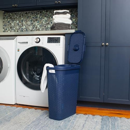 Mind Reader Slim Laundry Hamper with Lid, 40L Clothes Basket, Narrow Tapered Design with Ventilated Cutout Pattern, Plastic, Navy - color: Navy, size: Single
