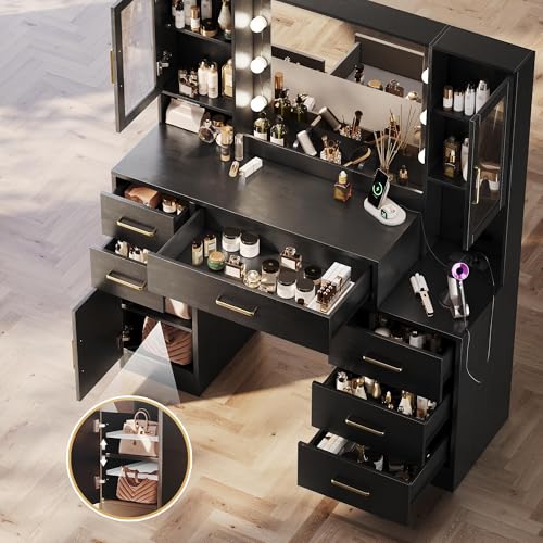 TOKSOM Makeup Vanity Desk with Mirror and Lights, 51" Makeup Vanity with Lights & Charging Station, Dressing Table Vanity Set for Bedroom, Vanity Table with 6 Drawers and 3 Cabinet Black - size: 51 inch, style: Modern Black
