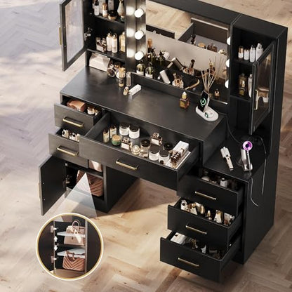 TOKSOM Makeup Vanity Desk with Mirror and Lights, 51" Makeup Vanity with Lights & Charging Station, Dressing Table Vanity Set for Bedroom, Vanity Table with 6 Drawers and 3 Cabinet Black - size: 51 inch, style: Modern Black