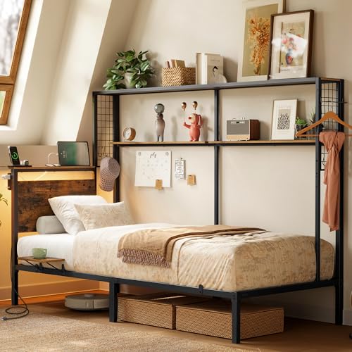 VASAGLE Twin Size Metal Bed Frame with Headboard, Multifunctional Storage, Built-in LED Lights, Charging Station, Bookshelf, Bedside Shelf, Space-Saving, No Box Spring Needed, Rustic Brown URMB963K02 - color: Rustic Brown