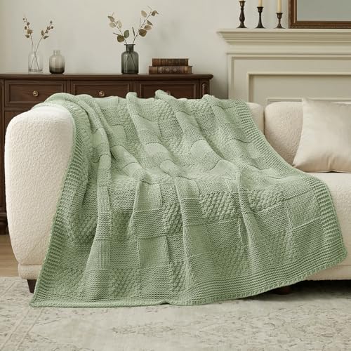 Knit Throw Blanket, Soft Chenille Cozy Breathable Checkered Chunky Decorative Blanket for Couch, Bed & Sofa, French-Inspired Lightweight Warm Gift for Women, Sage Green, 60"x80" - color: Checkered Sage Green, size: Checkered Knit 60"x80"