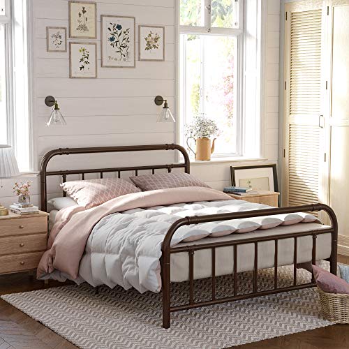 VASAGLE Metal Headboard and Footboard, Pipe Frame, No Box Spring Needed Platform, Under-Bed Storage, Industrial Vintage Style, Queen Size, Brown URMB034BR - size: Queen (U.S. Standard), style: 14 Inch