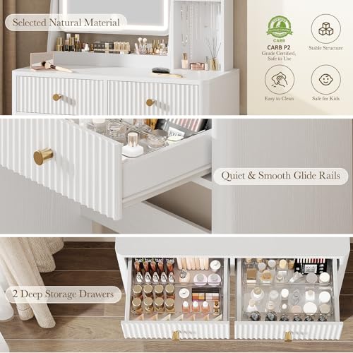 Fluted Makeup Vanity Desk with Mirror and Lights | Small Vanity with 3 Lighting Modes Adjustable Brightness, Jewelry Storage Cabinet and 2 Drawers, White - color: White
