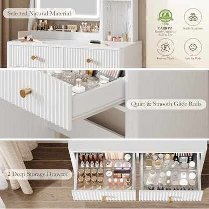Fluted Makeup Vanity Desk with Mirror and Lights | Small Vanity with 3 Lighting Modes Adjustable Brightness, Jewelry Storage Cabinet and 2 Drawers, White - color: White