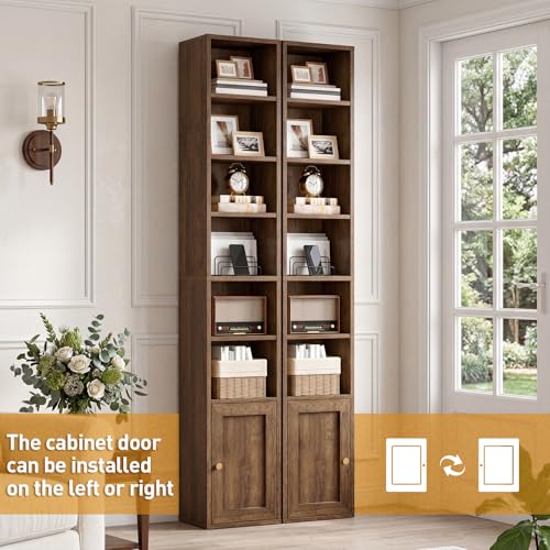 7-Tier Tall Narrow Bookshelf with Door, 70.9 Inches CD DVD Slim Media Tower Rack with Storage Cabinet, Adjustable Shelves, Skinny Bookshelf Display Bookcase for Home Office, Walnut - color: Walnut