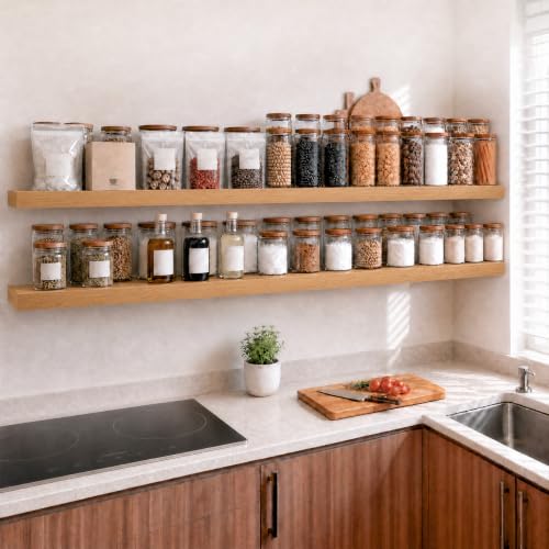 RICHER HOUSE 55 Inch Long Floating Shelves, 12" Deep Wood Wall Shelf, Oak | Wide Wall Shelves for Bedroom Kitchen Bathroom Wall Mounted Shelves, Wooden Bookshelf with Invisible Bracket, Oak, 2 Pack - color: Oak, size: 55in